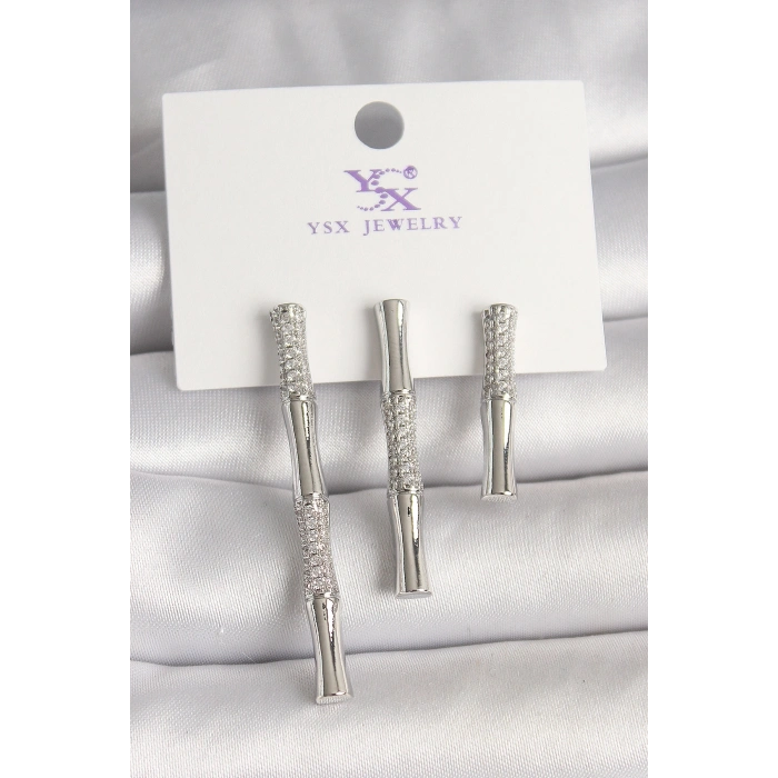 Erb Pirinç Gümüş Renk Zirkon Taşlı Bambu Model 3'Lü Kadın Kombin Küpe