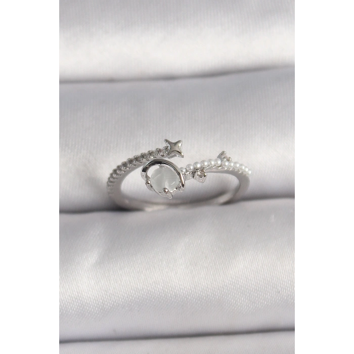 Erb Pirinç Gümüş Renk Zirkon Taşlı Beyaz Mineli Yıldız Detay Ayarlanabilir Kadın Yüzük