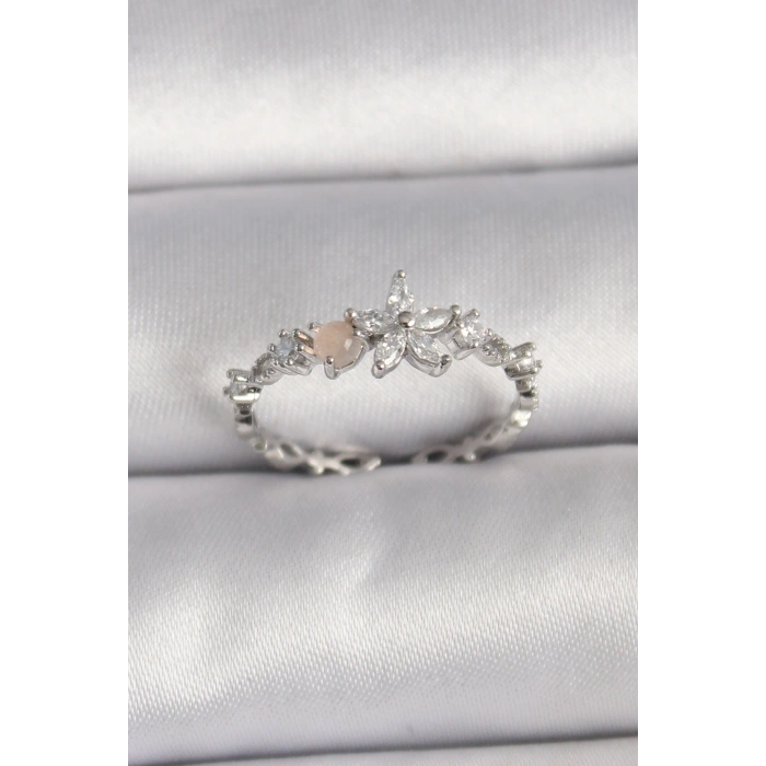 Erb Pirinç Gümüş Renk Zirkon Taşlı Çiçek Model Ayarlanabilir Yüzük