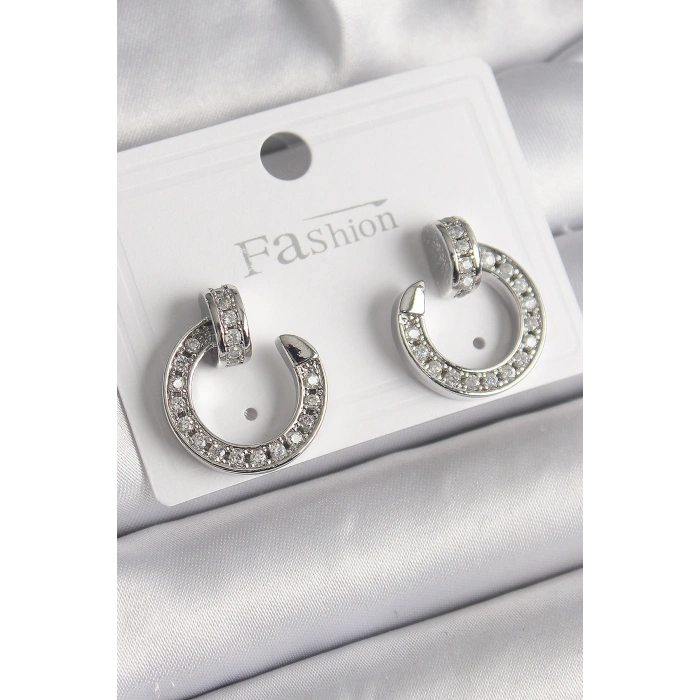 Erb Pirinç Gümüş Renk Zirkon Taşlı Çivi Halka Model Kadın Küpe