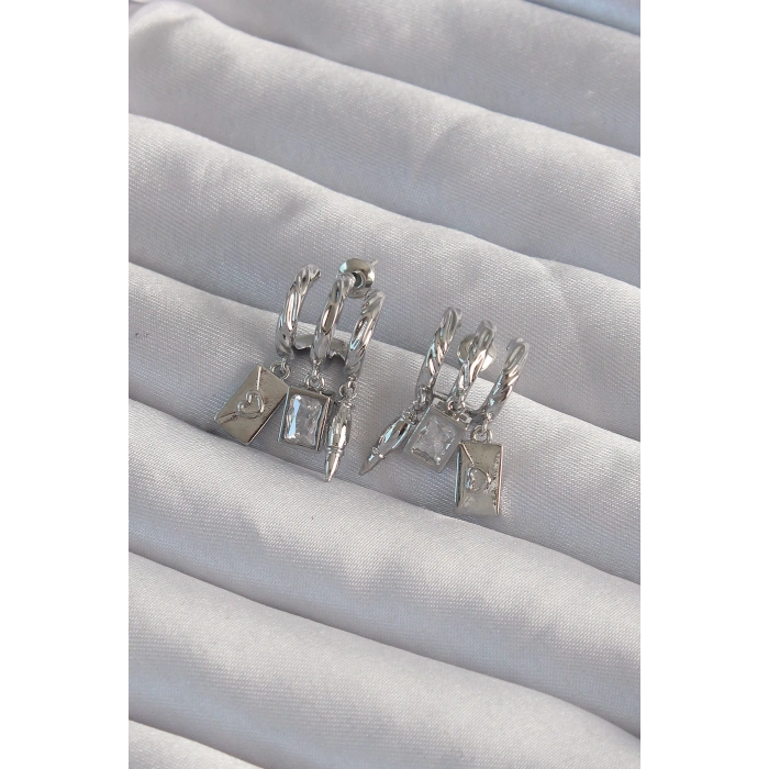 Erb Pirinç Gümüş Renk Zirkon Taşlı Çoklu Aksesuarlı Yarım Halka Kaburga Küpe