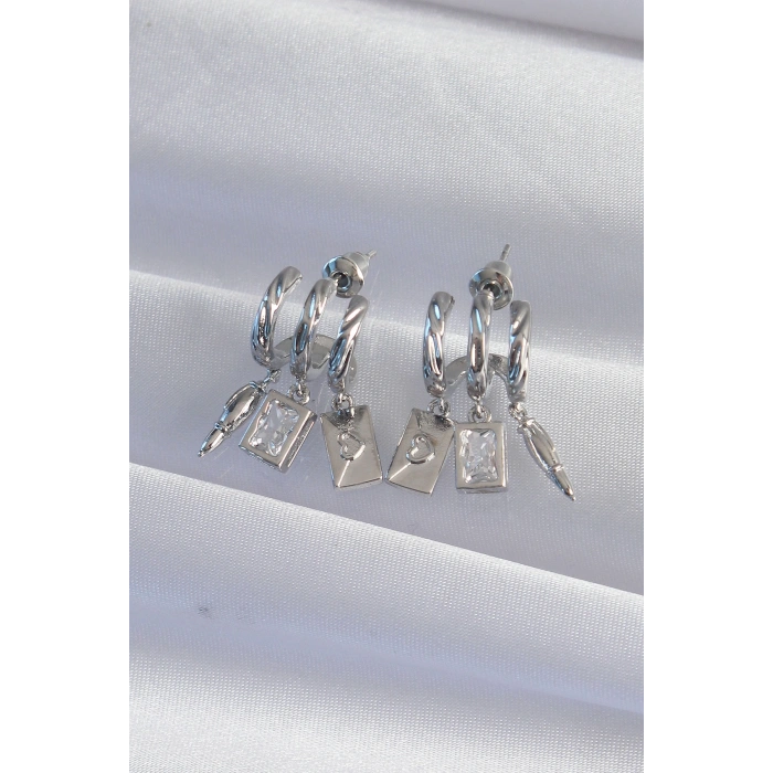 Erb Pirinç Gümüş Renk Zirkon Taşlı Çoklu Aksesuarlı Yarım Halka Kaburga Küpe