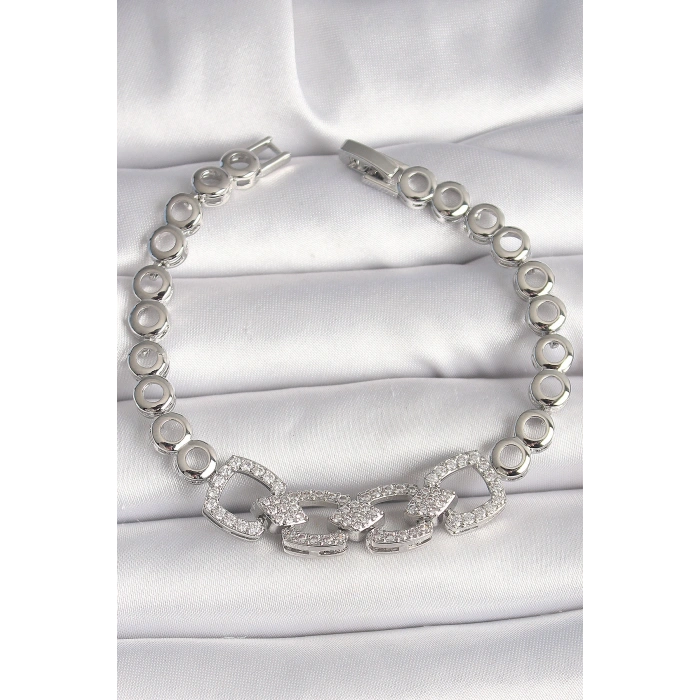 Erb Pirinç Gümüş Renk Zirkon Taşlı Daire Zincir Model Kadın Bileklik