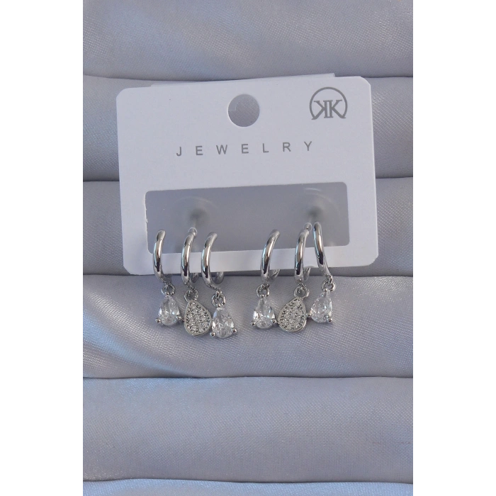 Erb Pirinç Gümüş Renk Zirkon Taşlı Damla Model Çoklu Görünüm Yarım Halka Küpe