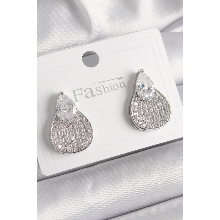 Erb Pirinç Gümüş Renk Zirkon Taşlı Damla Model Kadın Küpe