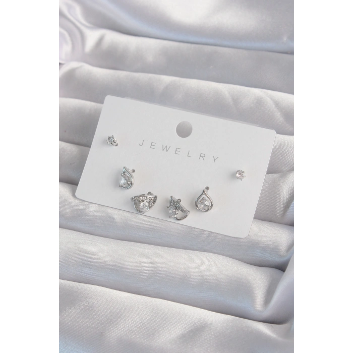 Erb Pirinç Gümüş Renk Zirkon Taşlı Damla Model Küpe Seti