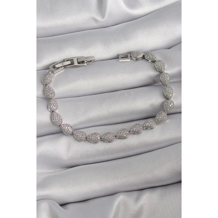 Erb Pirinç Gümüş Renk Zirkon Taşlı Damla Model VIP Seri Kadın Bileklik