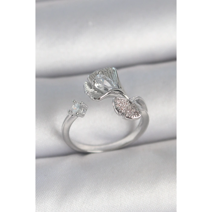 Erb Pirinç Gümüş Renk Zirkon Taşlı Deniz Kabuğu Model Ayarlanabilir Kadın Yüzük