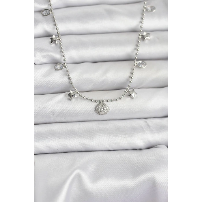 Erb Pirinç Gümüş Renk Zirkon Taşlı Deniz Kabuğu Model Kadın Kolye