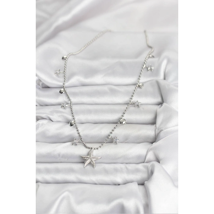 Erb Pirinç Gümüş Renk Zirkon Taşlı Deniz Yıldızı Model Kadın Kolye