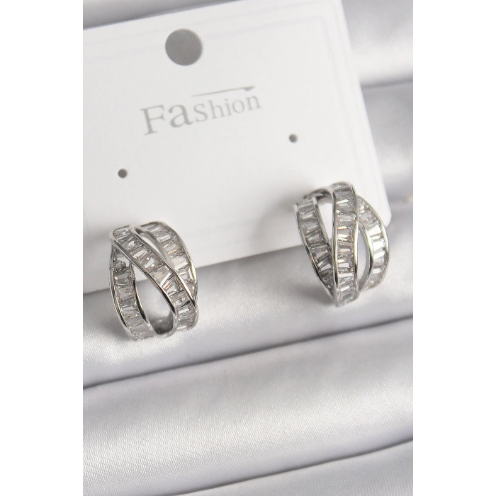 Erb Pirinç Gümüş Renk Zirkon Taşlı Düğüm Halka Model Kadın Küpe