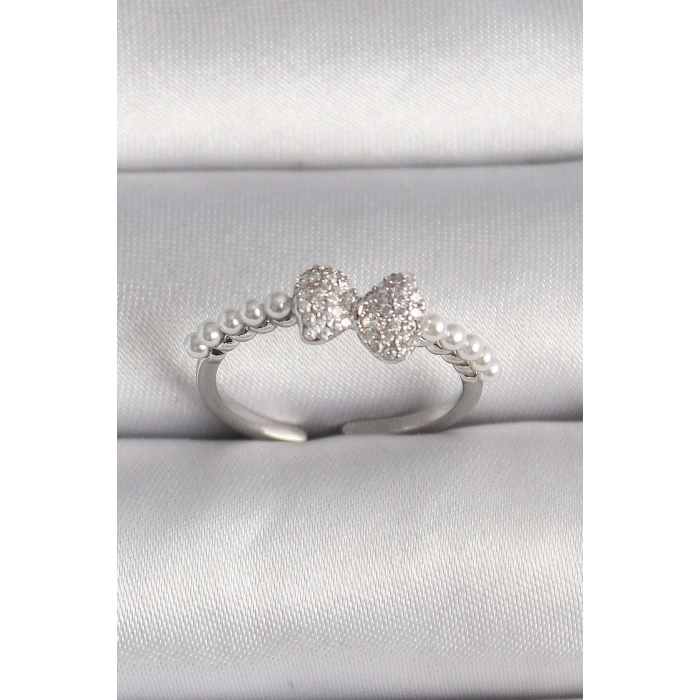 Erb Pirinç Gümüş Renk Zirkon Taşlı Fiyonk İnci Detay Ayarlanabilir Yüzük