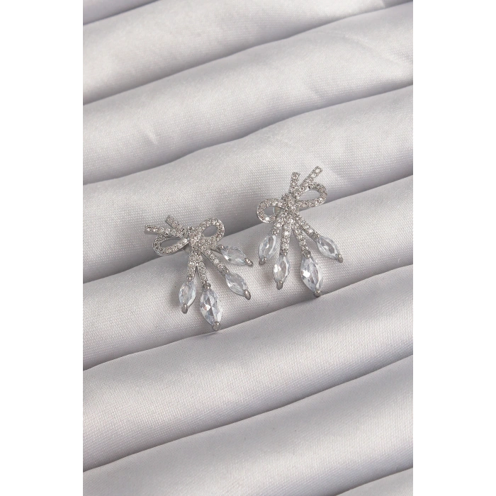 Erb Pirinç Gümüş Renk Zirkon Taşlı Fiyonk Küpe