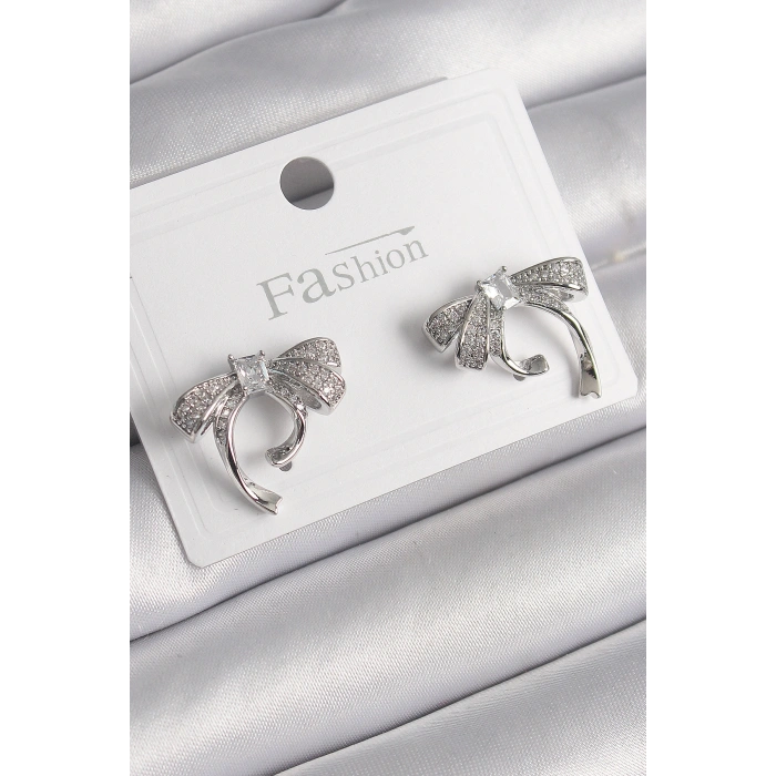 Erb Pirinç Gümüş Renk Zirkon Taşlı Fiyonk Model Kadın Küpe