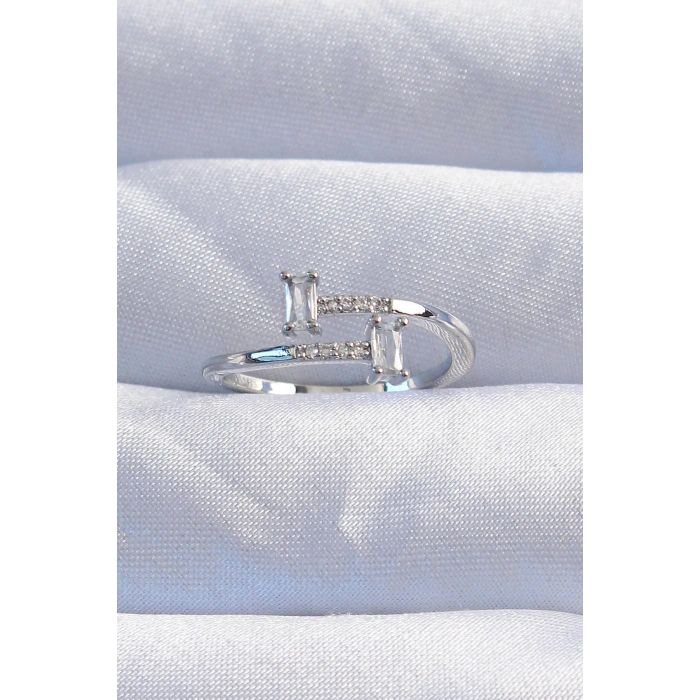 Erb Pirinç Gümüş Renk Zirkon Taşlı Geometrik Ayarlanabilir Yüzük