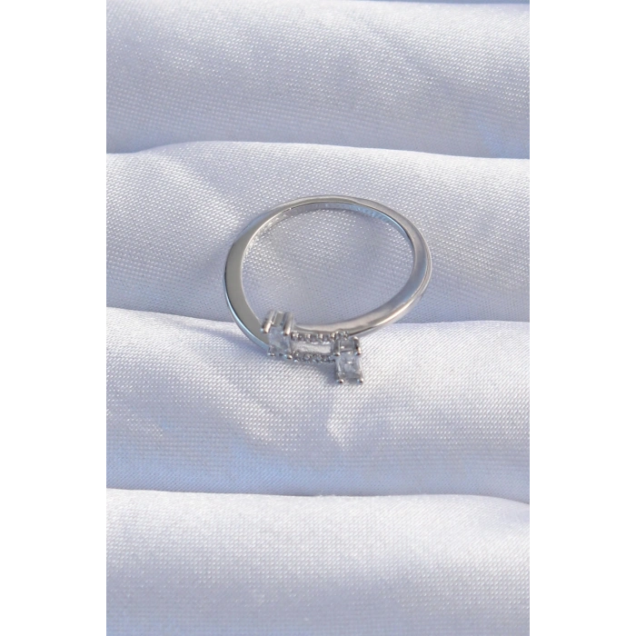 Erb Pirinç Gümüş Renk Zirkon Taşlı Geometrik Ayarlanabilir Yüzük