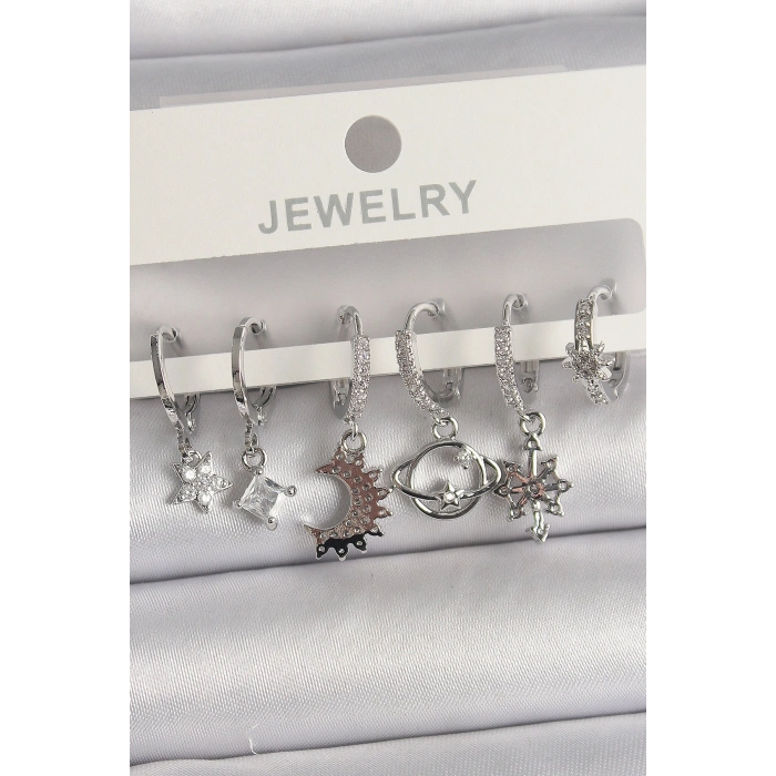 Erb Pirinç Gümüş Renk Zirkon Taşlı Gezgen Model Kadın Küpe Seti