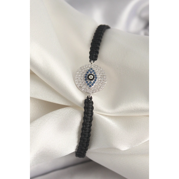 Erb Pirinç Gümüş Renk Zirkon Taşlı Göz İşlemeli Figür Asansörlü Makrome Model Kadın Bileklik