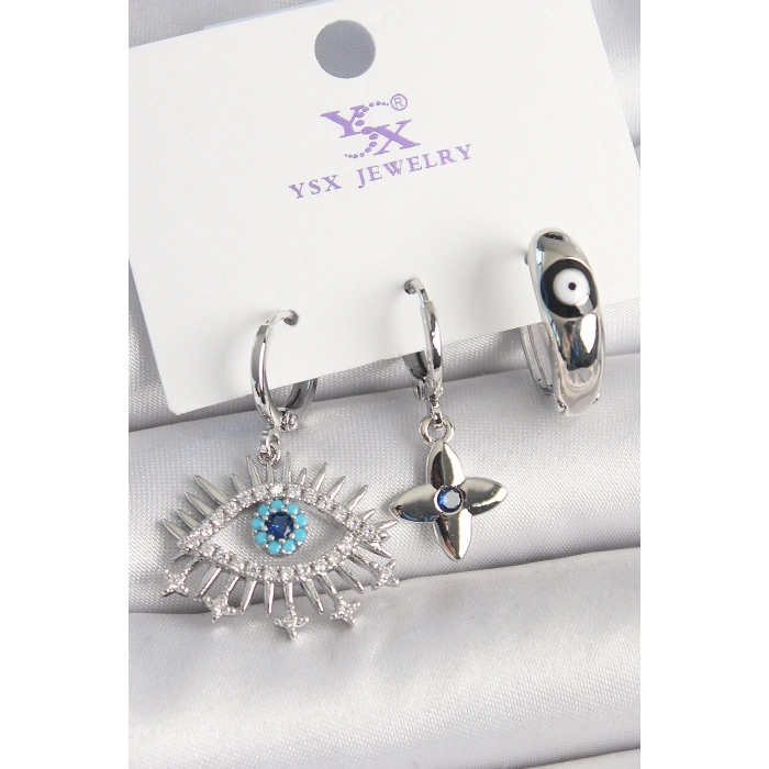 Erb Pirinç Gümüş Renk Zirkon Taşlı Göz Model Nazar Boncuk Detay 3'Lü Kadın Kombin Küpe