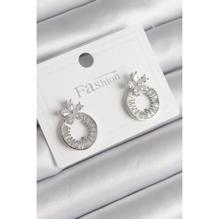 Erb Pirinç Gümüş Renk Zirkon Taşlı Halka Model Çiçek Figür Kadın Küpe