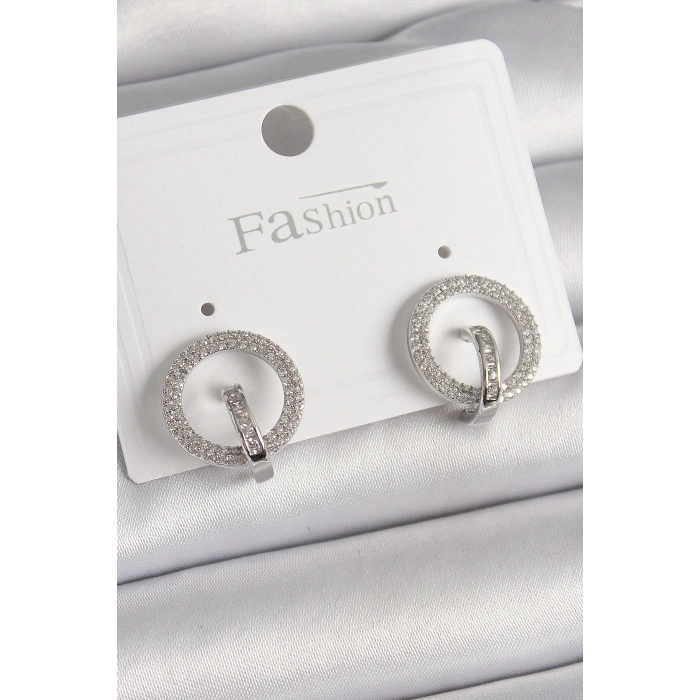 Erb Pirinç Gümüş Renk Zirkon Taşlı Halka Model Kadın Küpe