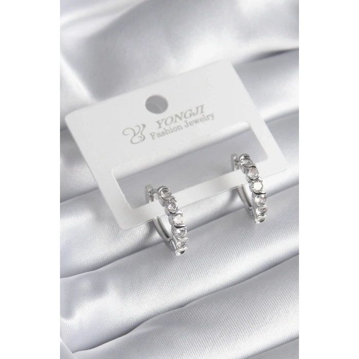 Erb Pirinç Gümüş Renk Zirkon Taşlı Halka Model Kadın Küpe