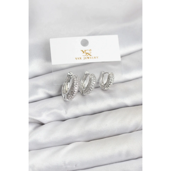 Erb Pirinç Gümüş Renk Zirkon Taşlı Halka Model YSX Trio Küpe Seti