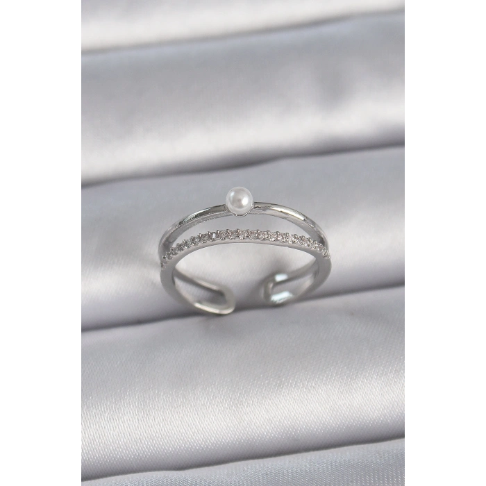 Erb Pirinç Gümüş Renk Zirkon Taşlı İnci Detay Ayarlanabilir Model Kadın Yüzük