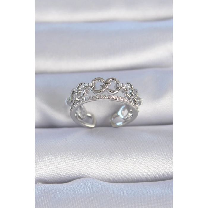 Erb Pirinç Gümüş Renk Zirkon Taşlı İnci Detay Kadın Yüzük