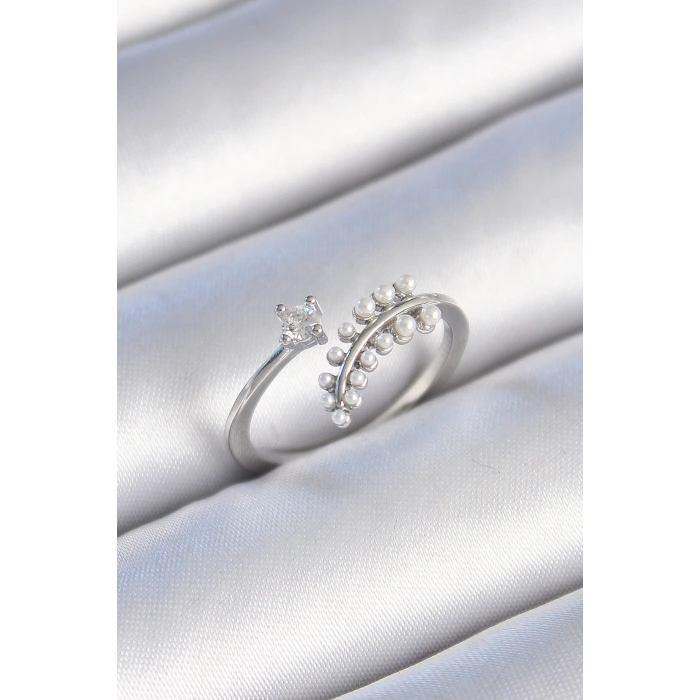 Erb Pirinç Gümüş Renk Zirkon Taşlı İncili Yaprak Model Kadın Yüzük