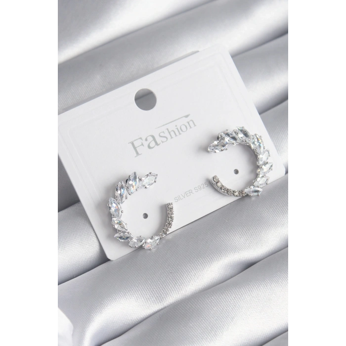 Erb Pirinç Gümüş Renk Zirkon Taşlı Kadın Küpe