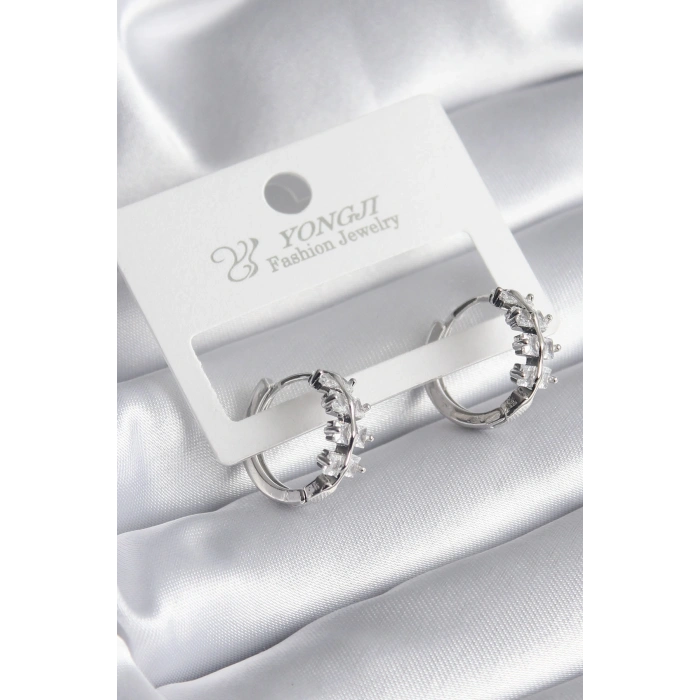 Erb Pirinç Gümüş Renk Zirkon Taşlı Kadın Küpe