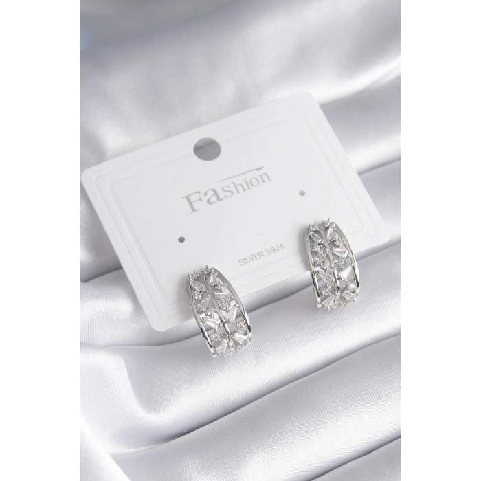 Erb Pirinç Gümüş Renk Zirkon Taşlı Kadın Küpe