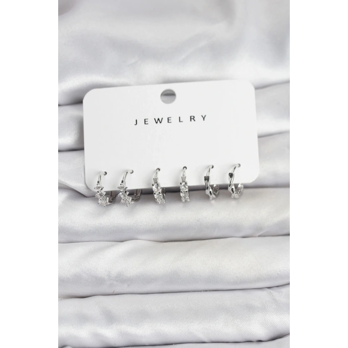 Erb Pirinç Gümüş Renk Zirkon Taşlı Kadın Küpe Seti