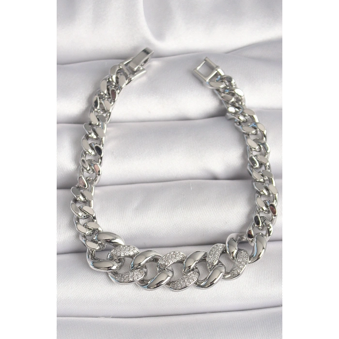 Erb Pirinç Gümüş Renk Zirkon Taşlı Kalın Halka Model Kadın Bileklik