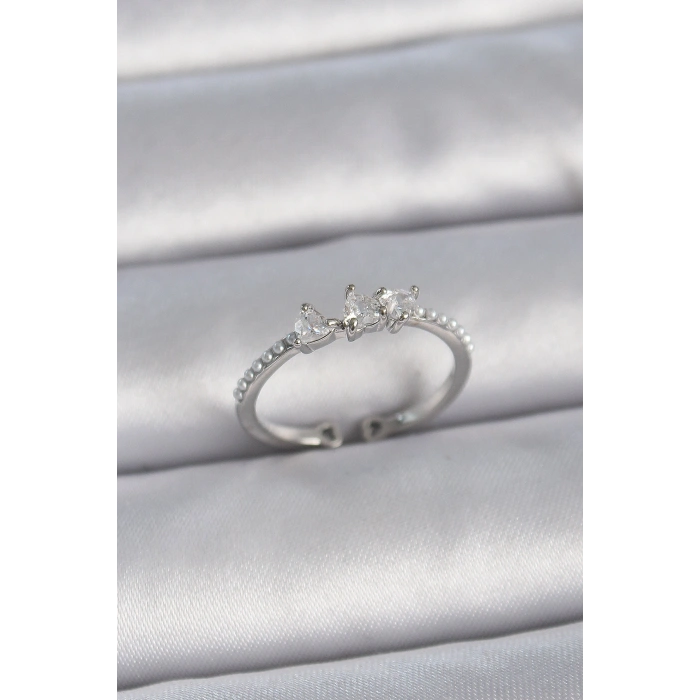 Erb Pirinç Gümüş Renk Zirkon Taşlı Kalp İnci Detay Ayarlanabilir Model Kadın Yüzük