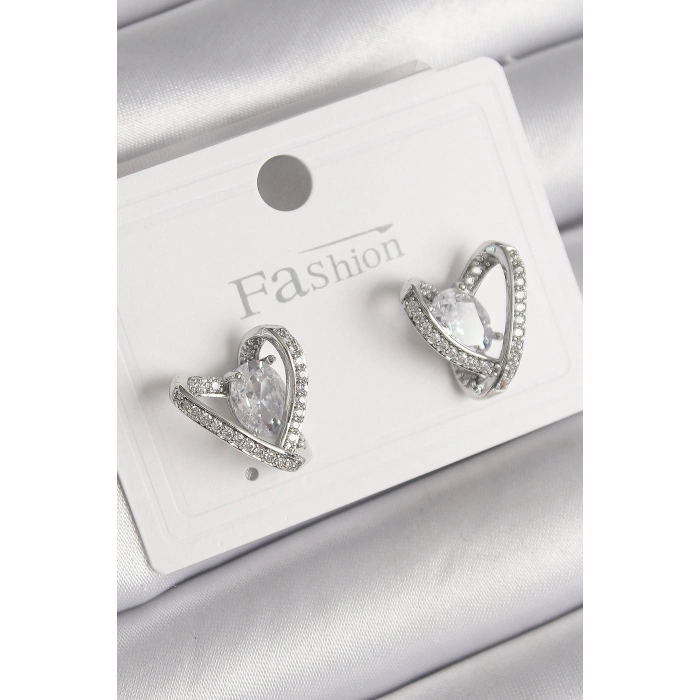 Erb Pirinç Gümüş Renk Zirkon Taşlı Kalp Model Kadın Küpe