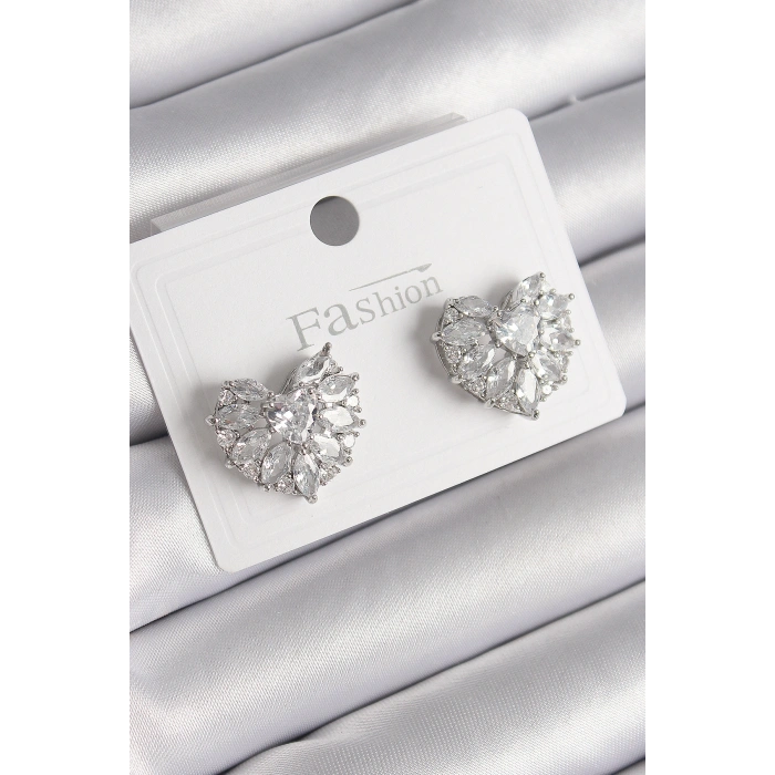 Erb Pirinç Gümüş Renk Zirkon Taşlı Kalp Model Kadın Küpe