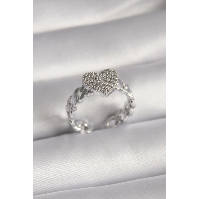 Erb Pirinç Gümüş Renk Zirkon Taşlı Kalp Model Kadın Yüzük