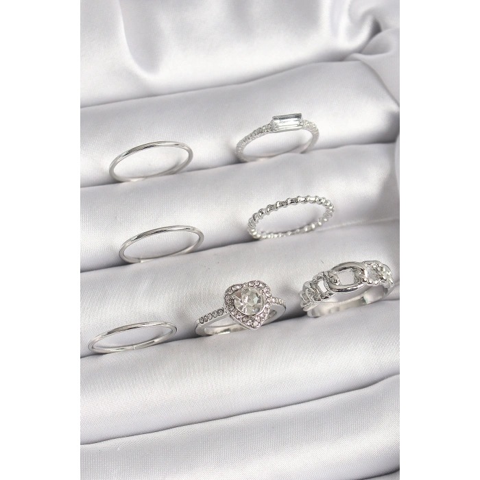 Erb Pirinç Gümüş Renk Zirkon Taşlı Kalp Model Kadın Yüzük Kombini