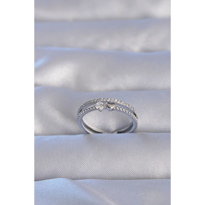 Erb Pirinç Gümüş Renk Zirkon Taşlı Kalpli Su Yolu Model Ayarlanabilir Yüzük