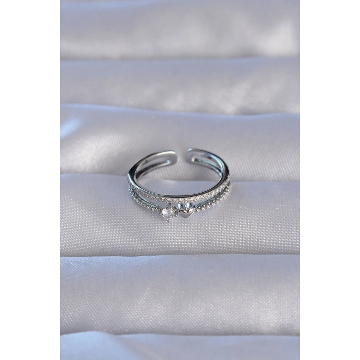 Erb Pirinç Gümüş Renk Zirkon Taşlı Kalpli Su Yolu Model Ayarlanabilir Yüzük