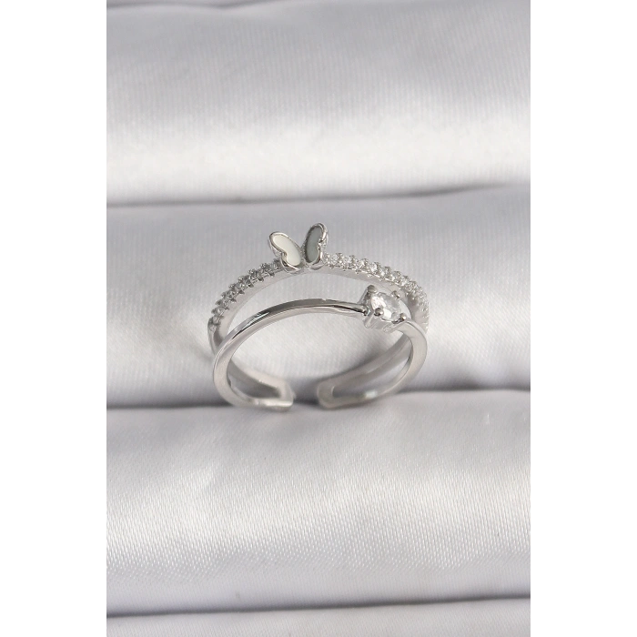 Erb Pirinç Gümüş Renk Zirkon Taşlı Kelebek Figürlü Ayarlanabilir Yüzük