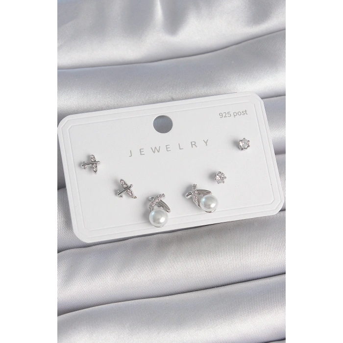 Erb Pirinç Gümüş Renk Zirkon Taşlı Kelebek Model İnci Detay 925 Ayar Gümüş Çivi Kadın Küpe Seti