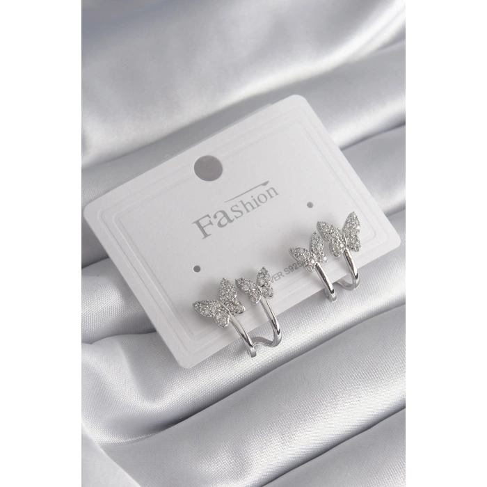 Erb Pirinç Gümüş Renk Zirkon Taşlı Kelebek Model Kadın Küpe