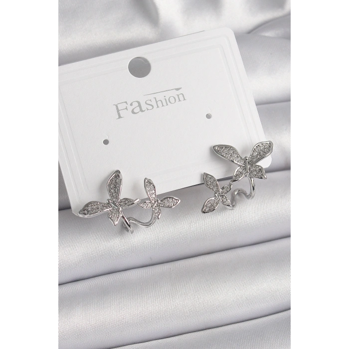 Erb Pirinç Gümüş Renk Zirkon Taşlı Kelebek Model Kadın Küpe