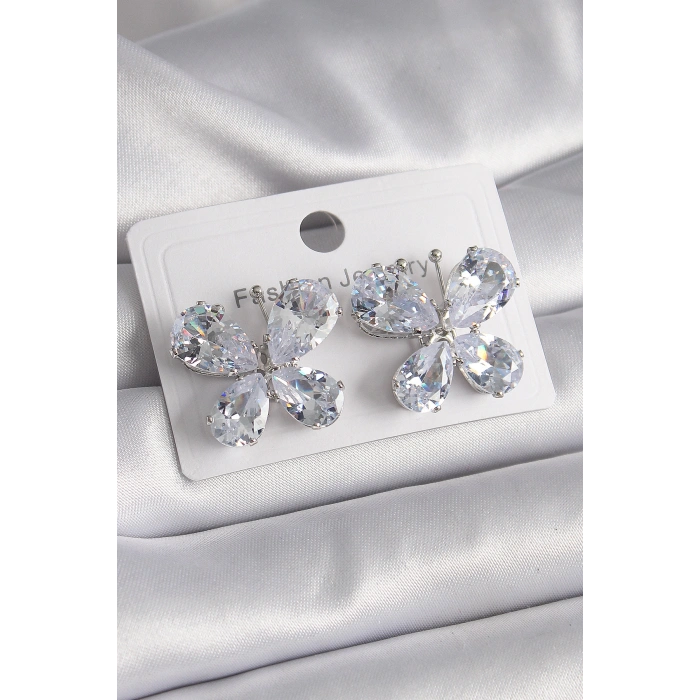 Erb Pirinç Gümüş Renk Zirkon Taşlı Kelebek Model Kadın Küpe