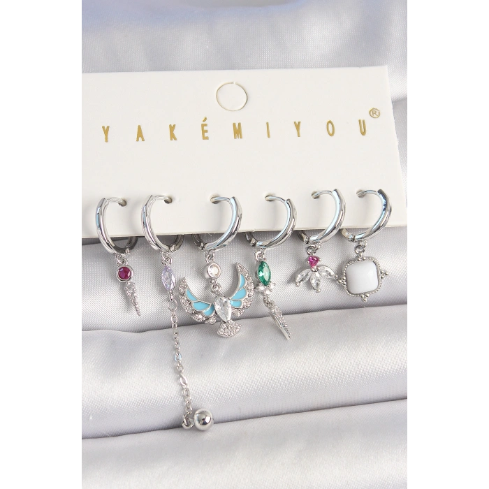 Erb Pirinç Gümüş Renk Zirkon Taşlı Kuş Figür Çiçek Detay 6'Lı Kadın Kombin Küpe