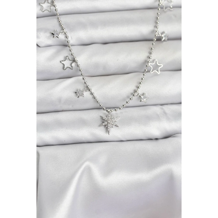 Erb Pirinç Gümüş Renk Zirkon Taşlı Kutup Yıldızı Model Kadın Kolye