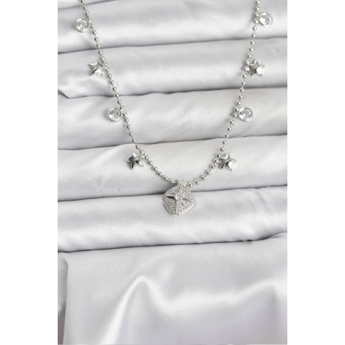 Erb Pirinç Gümüş Renk Zirkon Taşlı Kutup Yıldızı Model Kadın Kolye